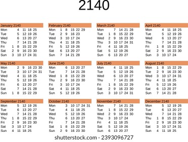 calendar of year 2140 in English language
