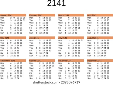 calendar of year 2141 in English language