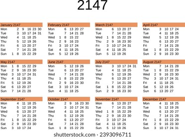 calendar of year 2147 in English language