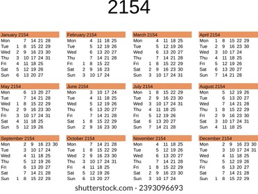 calendar of year 2154 in English language