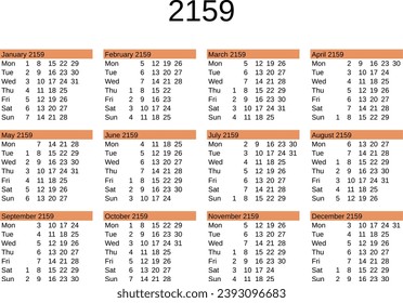 calendar of year 2159 in English language