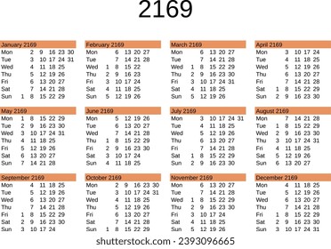 calendar of year 2169 in English language