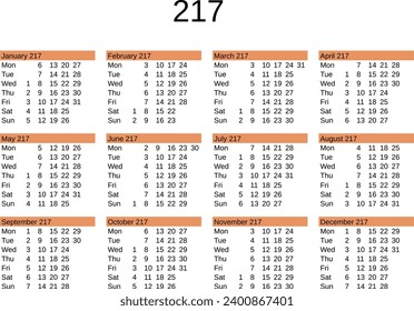 calendar of year 217 in English language