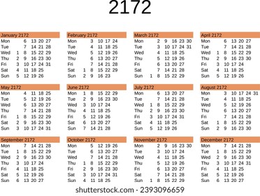 calendar of year 2172 in English language