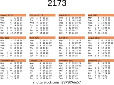 calendar of year 2173 in English language