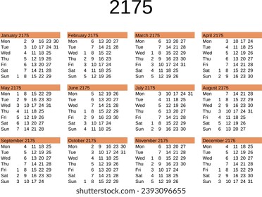 calendar of year 2175 in English language