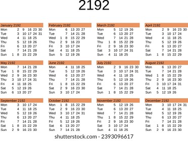 calendar of year 2192 in English language