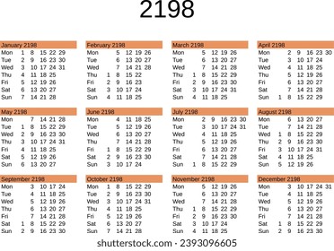 calendar of year 2198 in English language