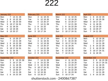 calendar of year 222 in English language