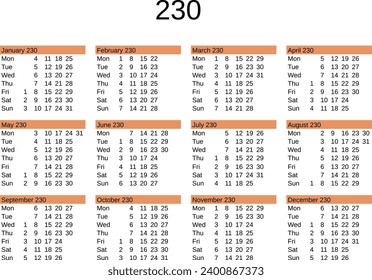 calendar of year 230 in English language