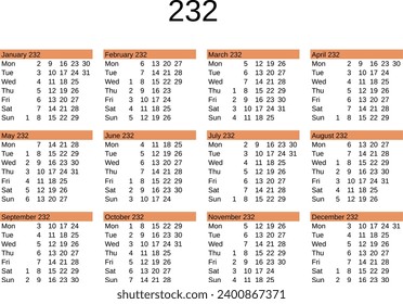 calendar of year 232 in English language