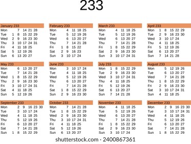 calendar of year 233 in English language