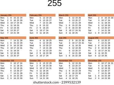 calendario del año 255 en inglés