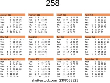 calendar of year 258 in English language