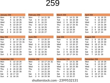 calendar of year 259 in English language