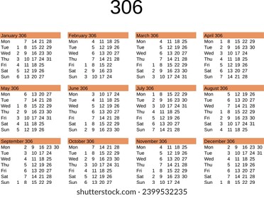 calendar of year 306 in English language svg