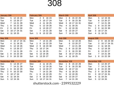 calendario del año 308 en inglés