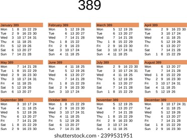 calendar of year 389 in English language