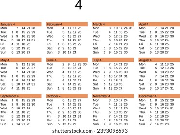 calendar of year 4 in English language