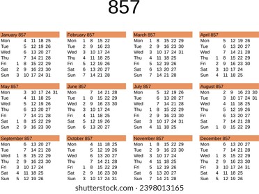 calendar of year 857 in English language