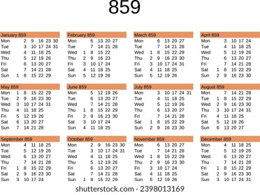 calendar of year 859 in English language