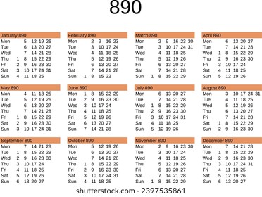 calendar of year 890 in English language