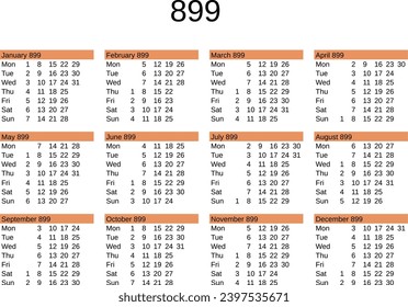 calendar of year 899 in English language