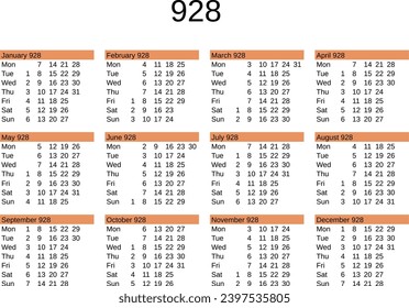 calendar of year 928 in English language
