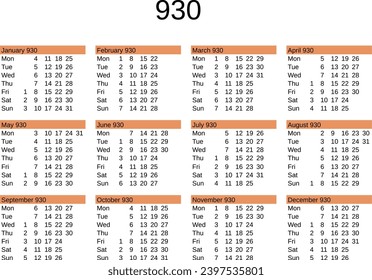 calendar of year 930 in English language