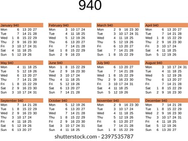 calendar of year 940 in English language