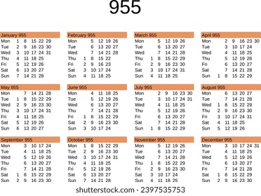 calendar of year 955 in English language