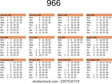 calendar of year 966 in English language