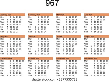 calendar of year 967 in English language