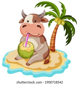 Calendar for the year of the bull 2021. Cute animal on summer vacation with coconut trees. Suitable for zodiac sign, horoscope. Decorative greeting card for any holiday, a pattern on clothes.