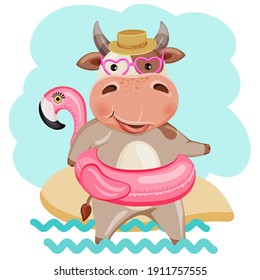 Calendar for the year of the bull 2021. A cute animal is resting on the beach. Suitable for zodiac sign, horoscope. Decorative greeting card for any occasion, the pattern on the clothes.