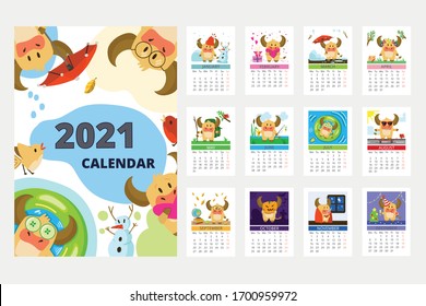 Calendar for the Year of the Bull 2021. Twelve little cute bulls will decorate your wall and delight you!