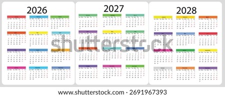 Calendar Year Compilation Featuring 2026 2027 and 2028 Highlighting Colorful Monthly Layouts and Essential Date Information for Planning and Organization Purposes