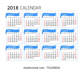 Calendar Year design with blue ribbon. Vector illustration isolated on White Background. Week Starts Sunday. 
