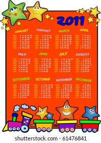Calendar for the year two thousand and eleven with funny train load of stars. Vector