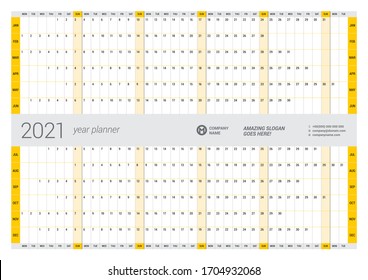Calendar yearly planner template for 2021. Printable template. Week starts on Monday. Vector stationery design
