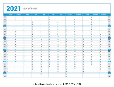 Calendar yearly planner template for 2021. Printable template. Week starts on Monday. Vector stationery design