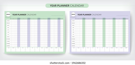 Calendar yearly planner template. Wall calendar design, Printable template, Week starts on Monday. Vector stationery design, You can use it every year, Vector EPS10.