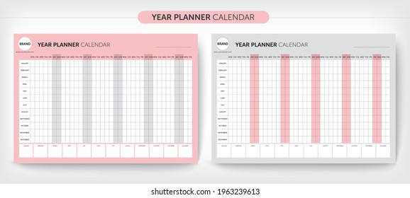 Calendar yearly planner template. Wall calendar design, Printable template, Week starts on Monday. Vector stationery design, You can use it every year, Vector EPS10.