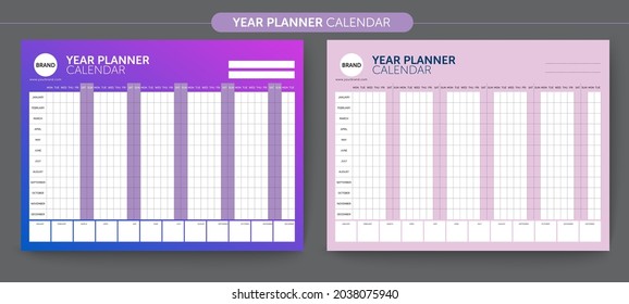 Calendar yearly planner template. Wall calendar design, Printable template, Week starts on Monday. Vector stationery design, You can use it every year, Vector EPS10.