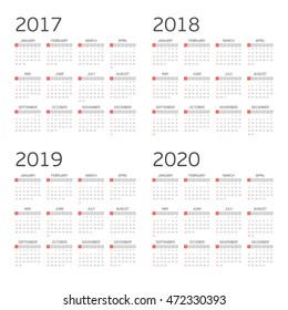 Calendar for years 2017, 2018, 2019 and 2020. Week starts from Sunday. Simple Vector Template. 