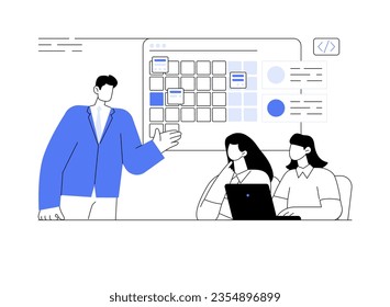 Ilustración vectorial de concepto abstracto de software de calendario. Grupo de personas de negocios que utilizan aplicaciones profesionales de calendario en laptop, tecnología de TI, software de planificación en pantalla metáfora abstracta.