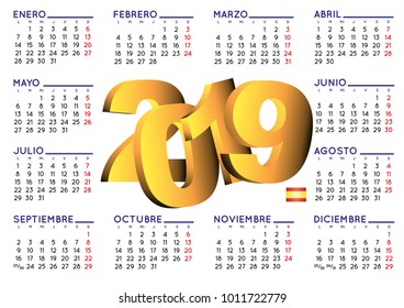 Calendario 2019. 2019 elegant calendar in spanish. Year 2019 calendar. Calendar 2019. 