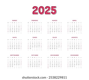 Calendario 2025 en español, meses de año, agenda en color rojo