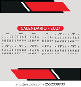 Calendario de escritorio 2027 con calendario islámico Hijri Calendário 2027 con diseño paisajístico o Horizontal. inicio de semana el domingo. Domingo