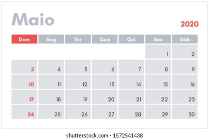 Calendario de Maio de 2020. Para o Brasil e Portugal. Ilustracao em vetor (Calendar, May 2020. Version to Brazil and Portugal. Vector illustration in portuguese).